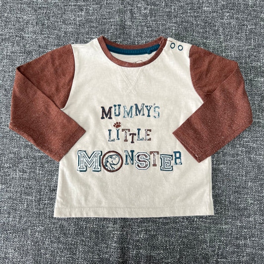 Boys 6-9 Month Beige & Blue "Mummy's Little Monster" Long Sleeved Top