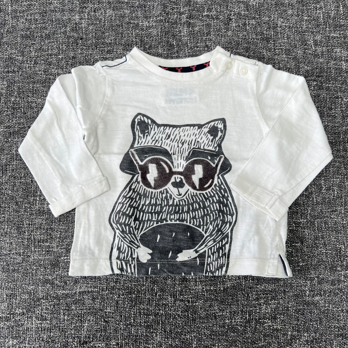 Boys 6-9 Month White & Grey Long Sleeved Top With Large Raccoon Motif