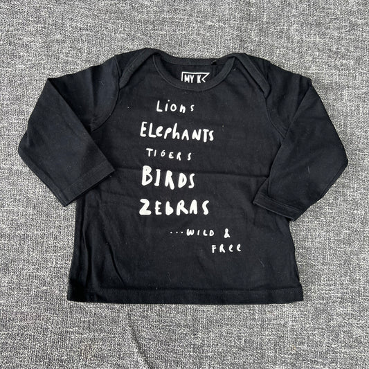 Boys 6-9 Month Black "Lions, Elephants, Tigers, Birds, Zebras.....Wild & Free" Long Sleeved Top