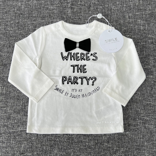 Boys 6-9 Month White "Where's The Party" Long Sleeved Top NEW