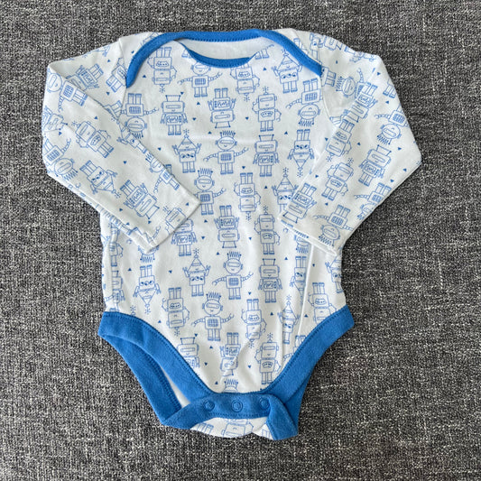 Boys 6-9 Month White Long Sleeved Bodysuit With Blue Robot Print