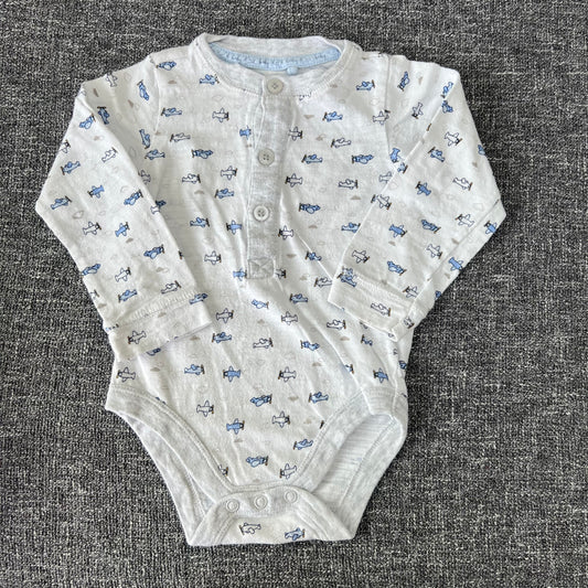 Boys 6-9 Month White Long Sleeved Bodysuit With Grey & Blue Plane Print