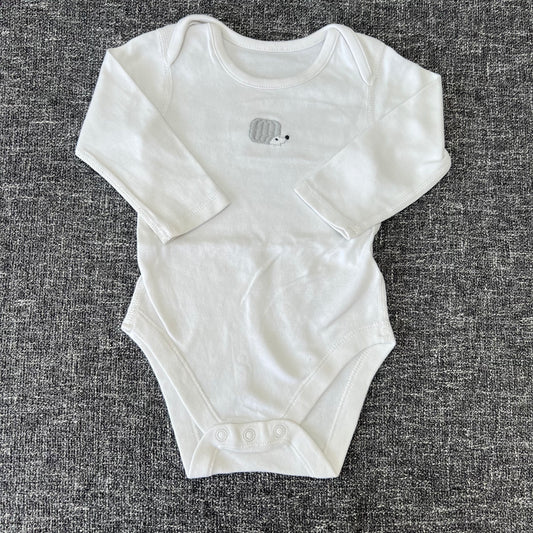 Boys 6-9 Month Plain White Long Sleeved Bodysuit With Grey Embroidered Hedgehog Motif