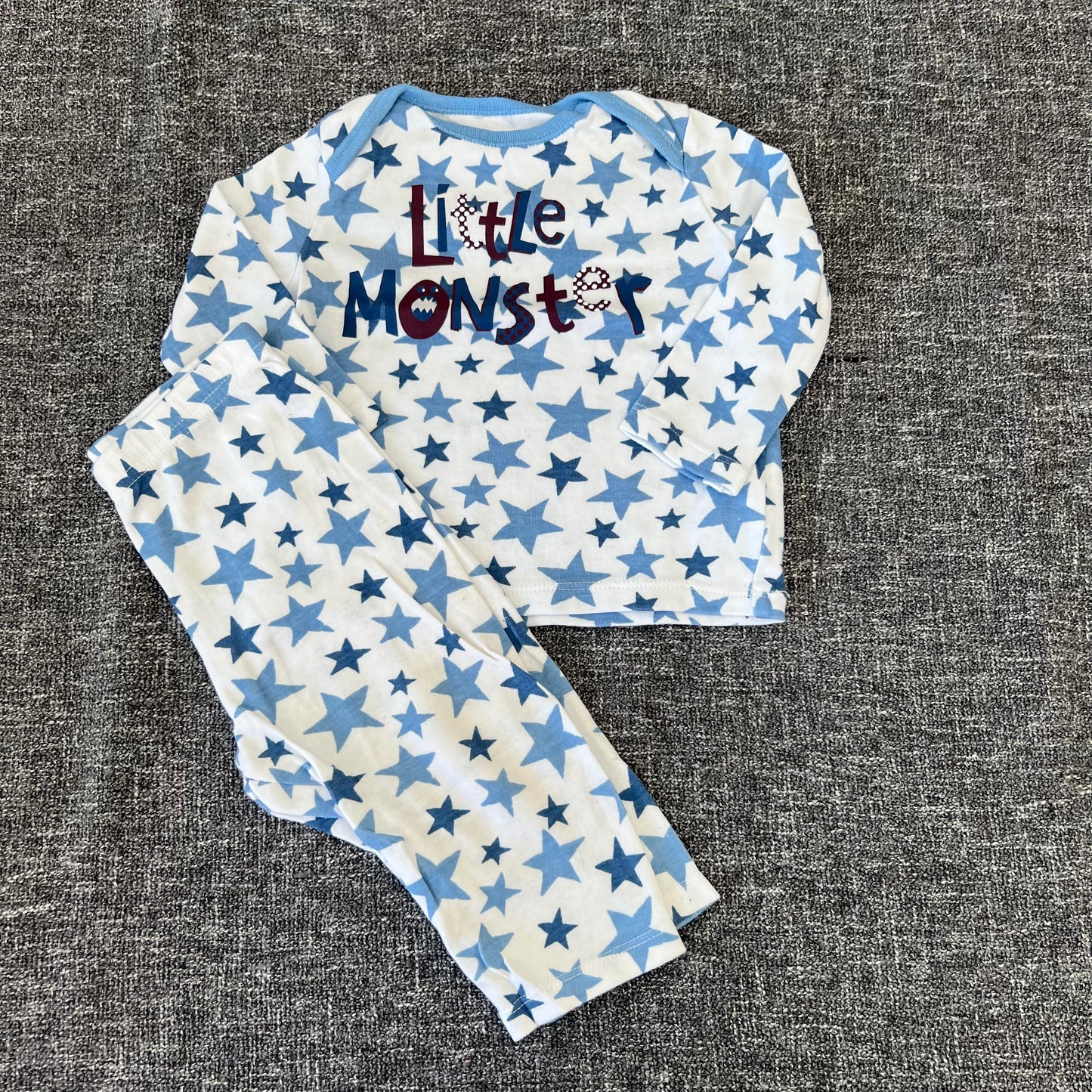 Boys 6-9 Month White With Blue Star Print "Little Monster" Pjs