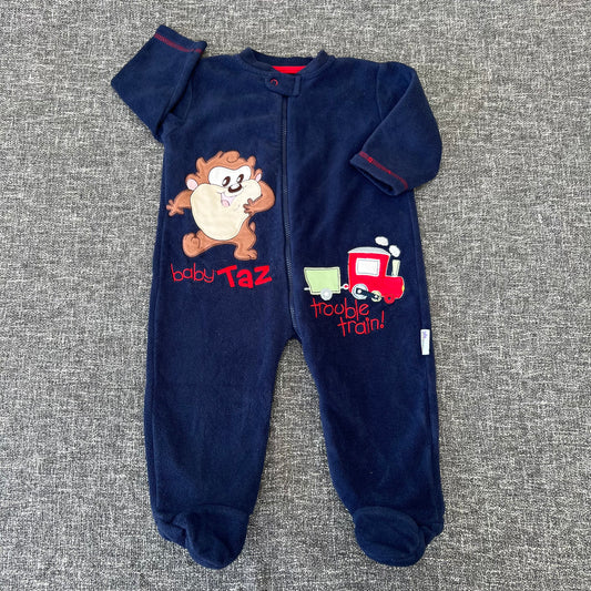 Boys 6-9 Month Blue Fleece "Baby Taz Trouble Train" Sleepsuit