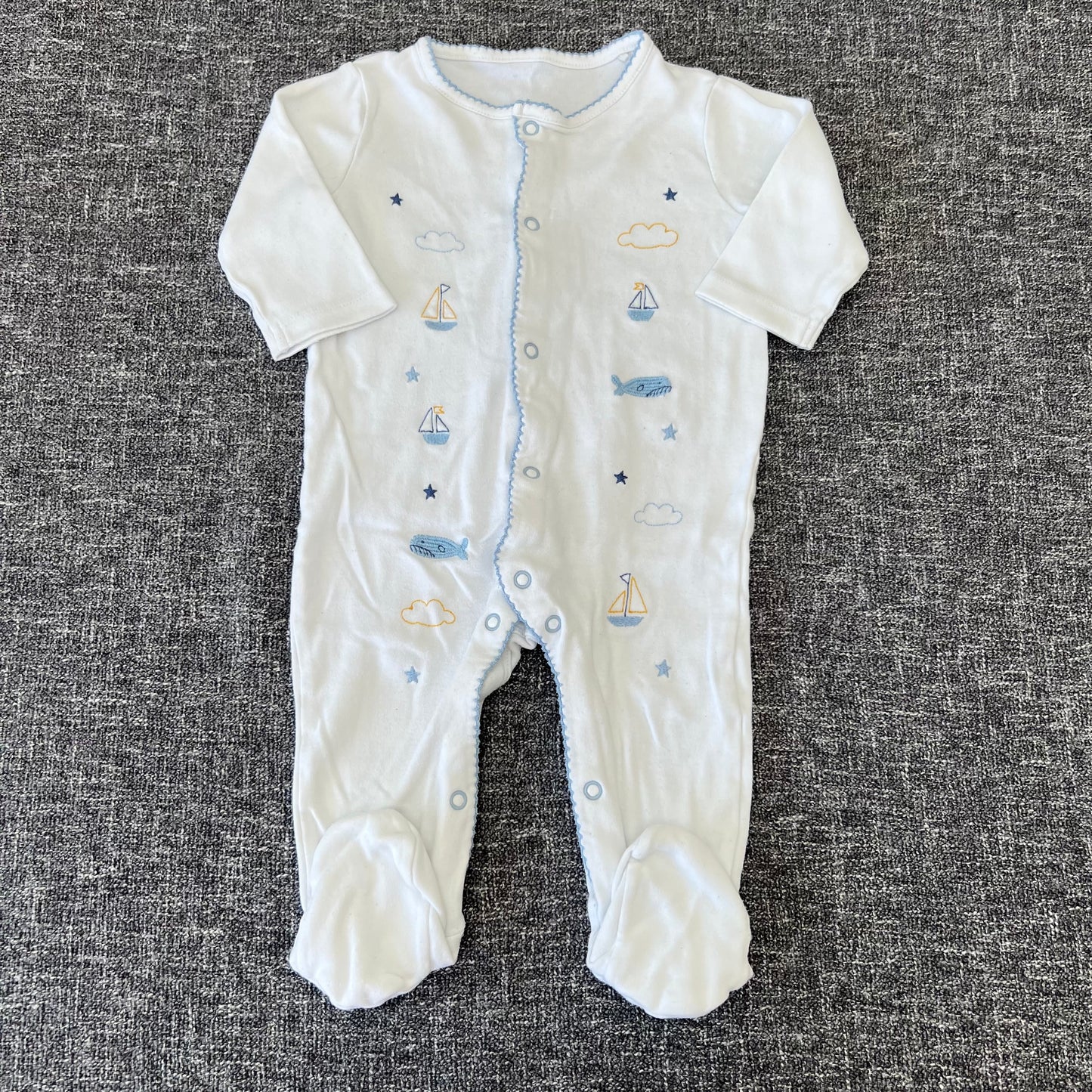 Boys 6-9 Month White Sea Themed Sleepsuit With Embroidery