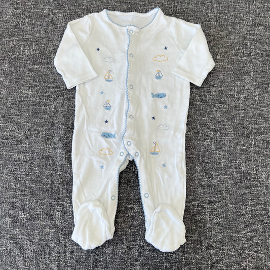 Boys 6-9 Month White Sea Themed Sleepsuit With Embroidery