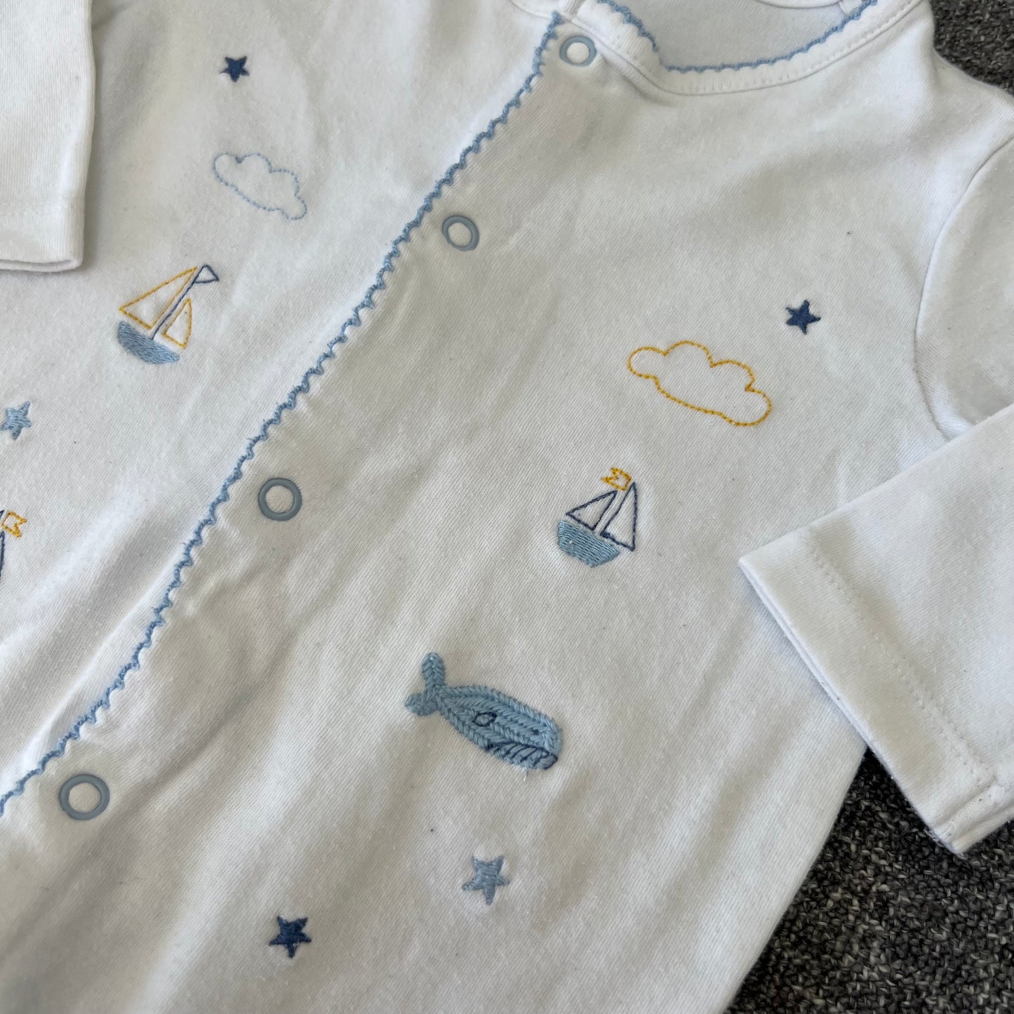 Boys 6-9 Month White Sea Themed Sleepsuit With Embroidery