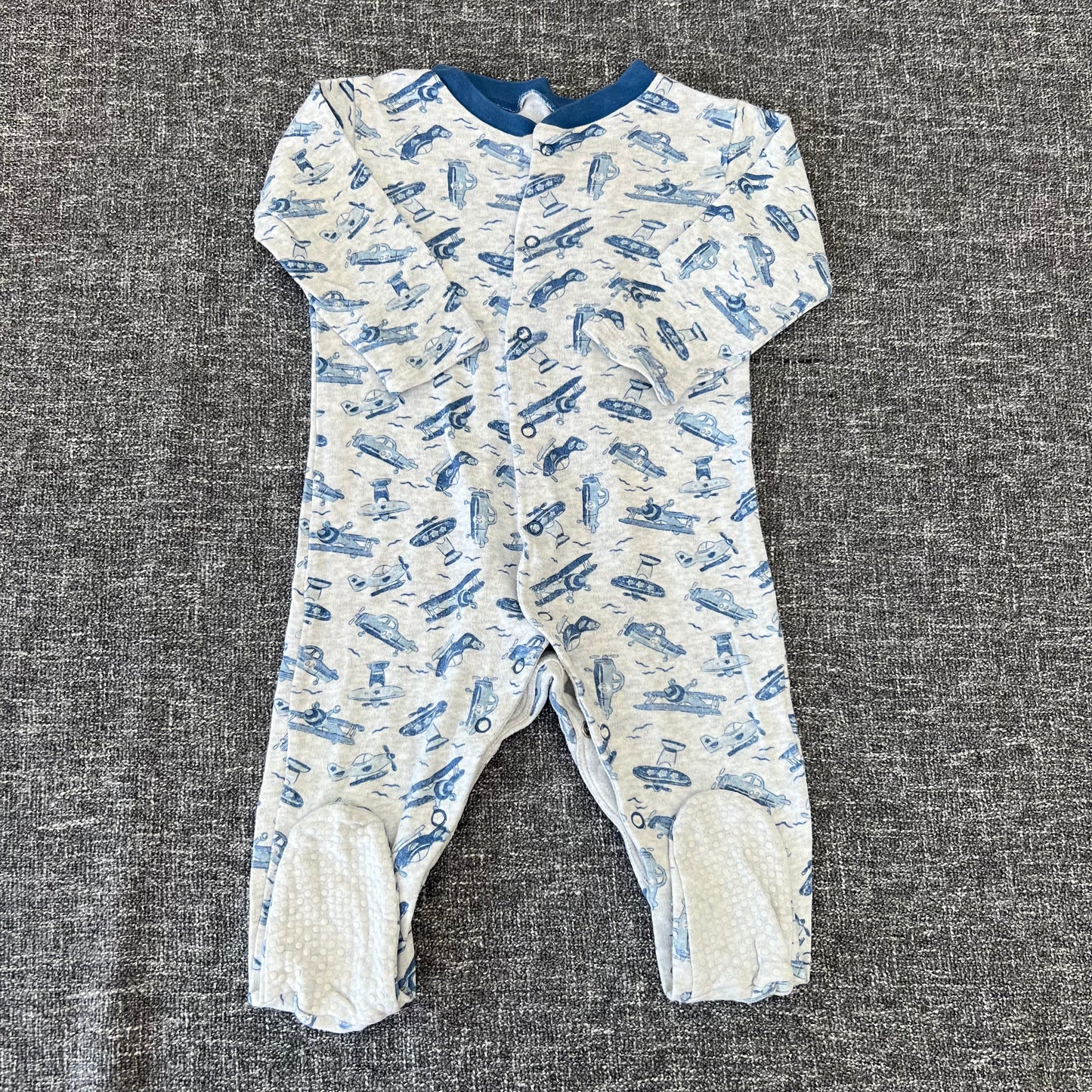 Boys 6-9 Month Grey With Blue Plane Print Sleepsuit