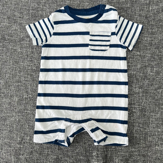 Boys 0-3 Month Blue And White Striped Summer Romper.