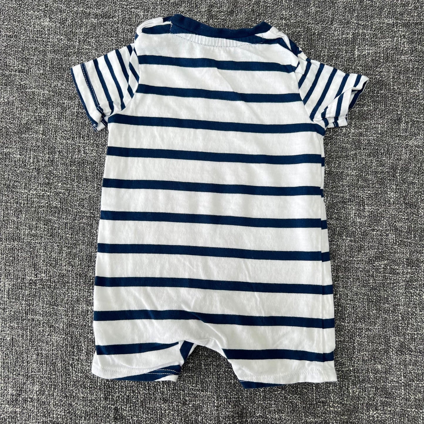 Boys 0-3 Month Blue And White Striped Summer Romper.