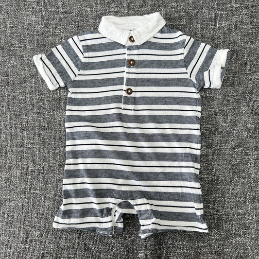 Boys 0-3 Month Summer Blue And White Striped Collared Romper.