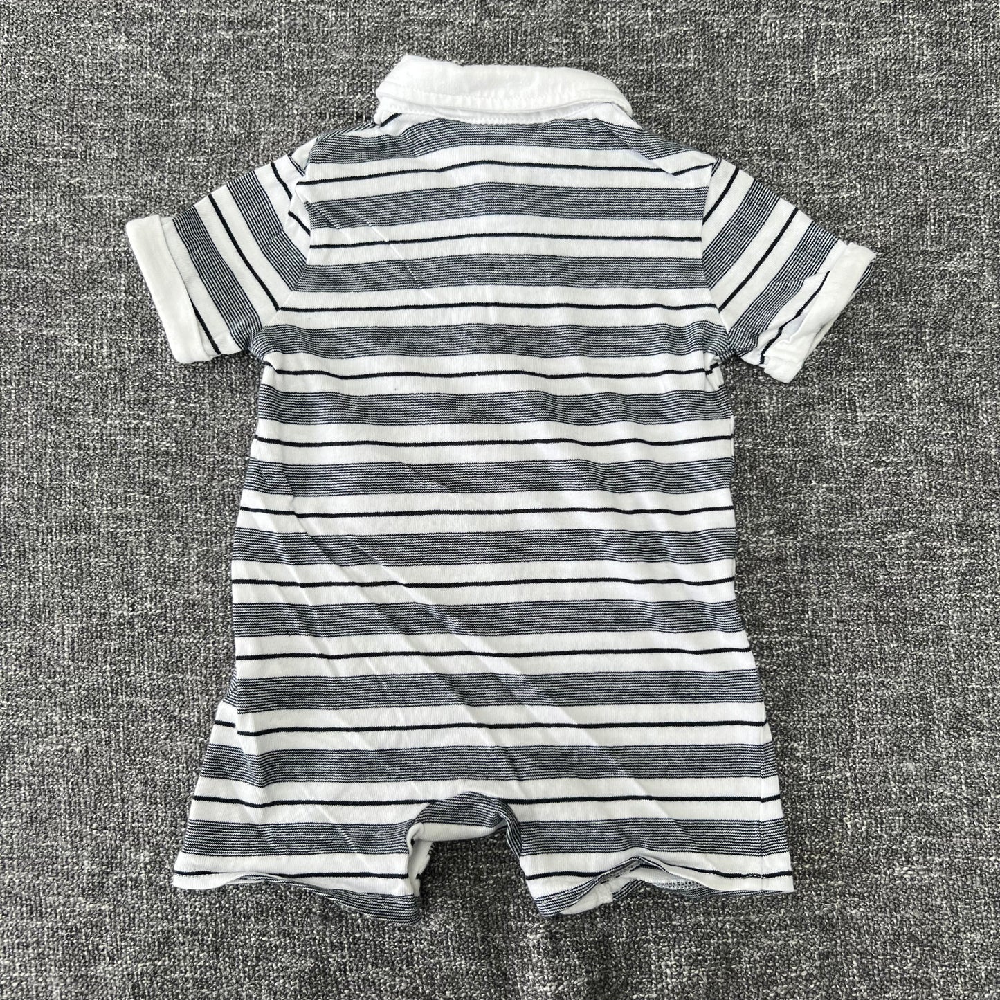 Boys 0-3 Month Summer Blue And White Striped Collared Romper.