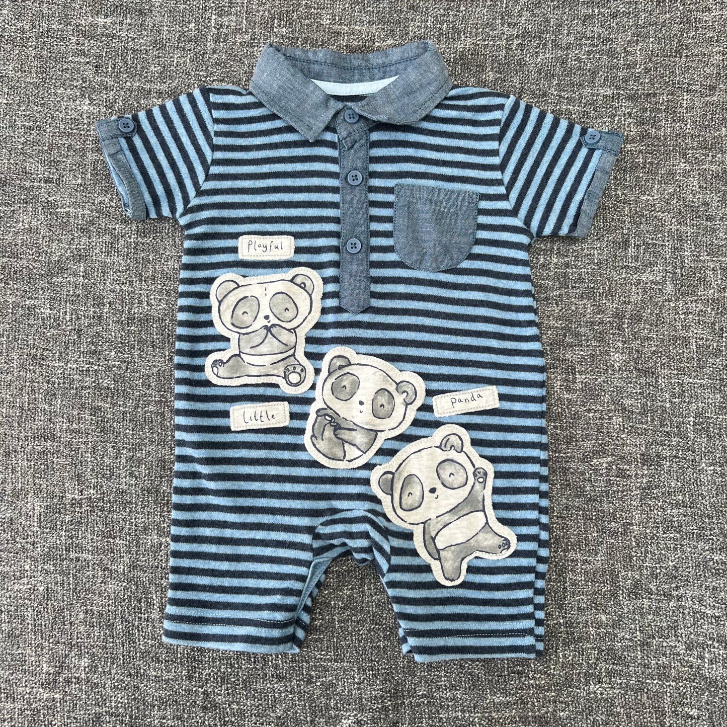 Boys 0-3 Month Summer Striped Panda Romper