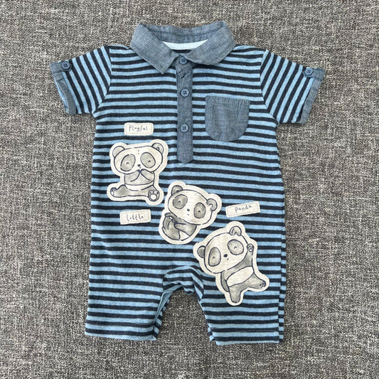 Boys 0-3 Month Summer Striped Panda Romper