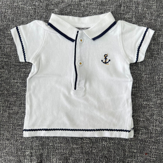 Boys 0-3 Month White and Blue Short Sleeved Polo Shirt