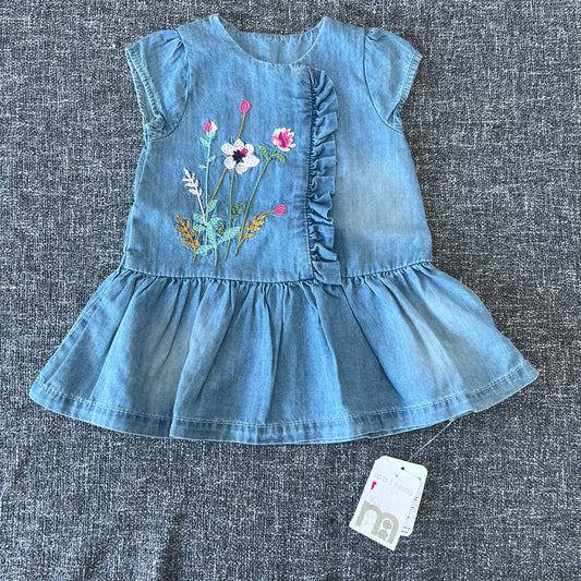 Girls 0-3 Month Denim Style Summer Dress With Embroidered Flowers New