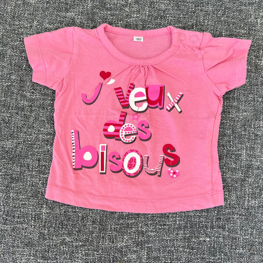 Girls 0-3 Month "J'veux des bisous" Pink T-shirt