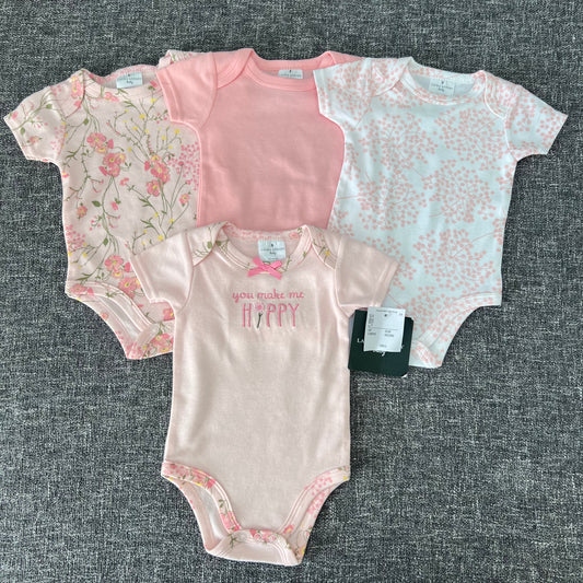 Girls 0-3 Month Floral Pink Short Sleeved Bodysuits 4Pk