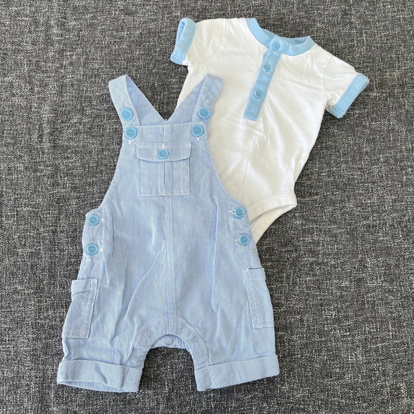 Boys 3-6 Month Blue & White Striped Summer Dungarees and Short Sleeved Bodysuit Outfit