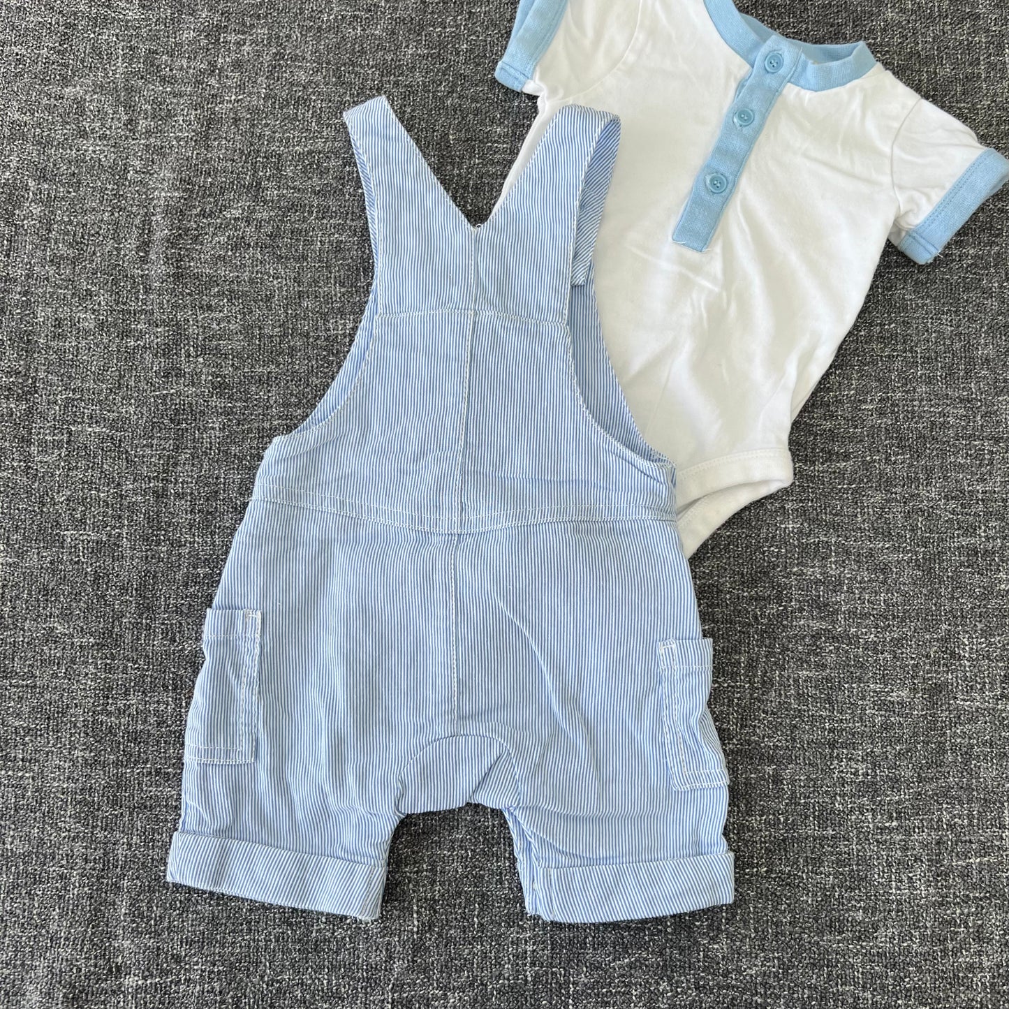 Boys 3-6 Month Blue & White Striped Summer Dungarees and Short Sleeved Bodysuit Outfit