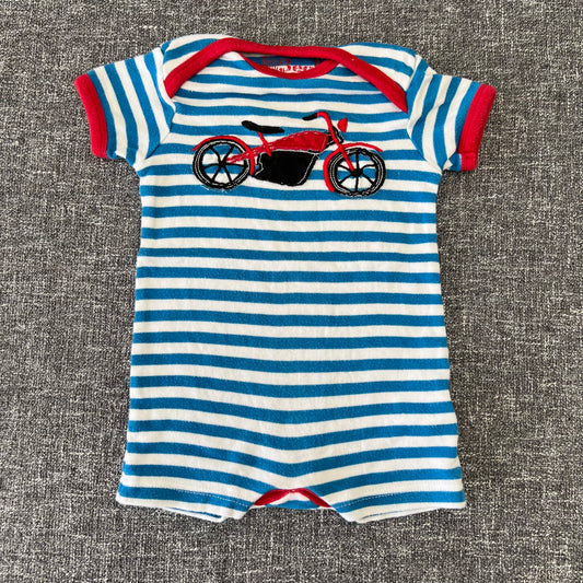 Boys 3-6 Month Blue & White Striped Summer Romper With Appliquéd Motorbike