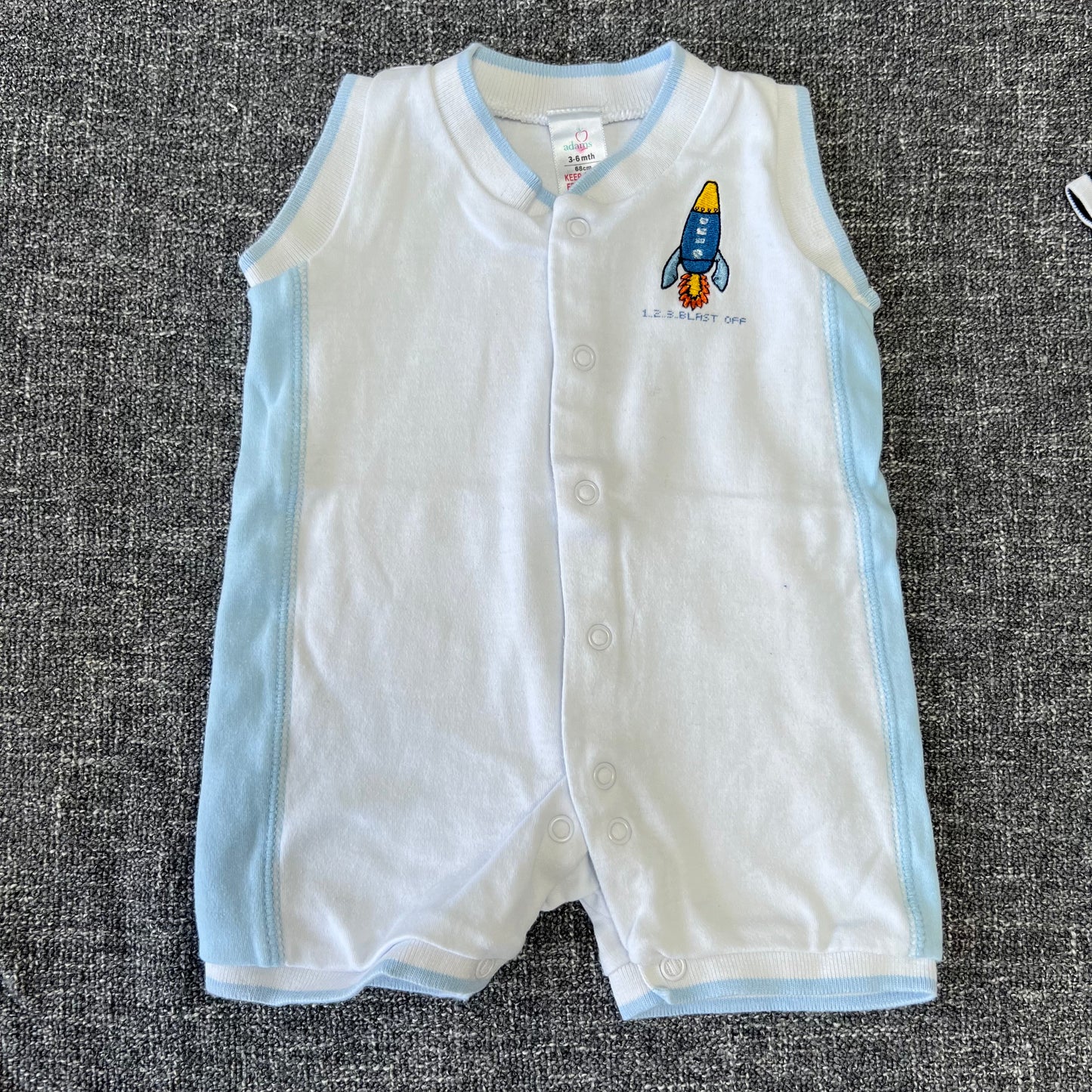 Boys 3-6 Month "1..2..3..Blast Off" White & Blue  Summer Romper