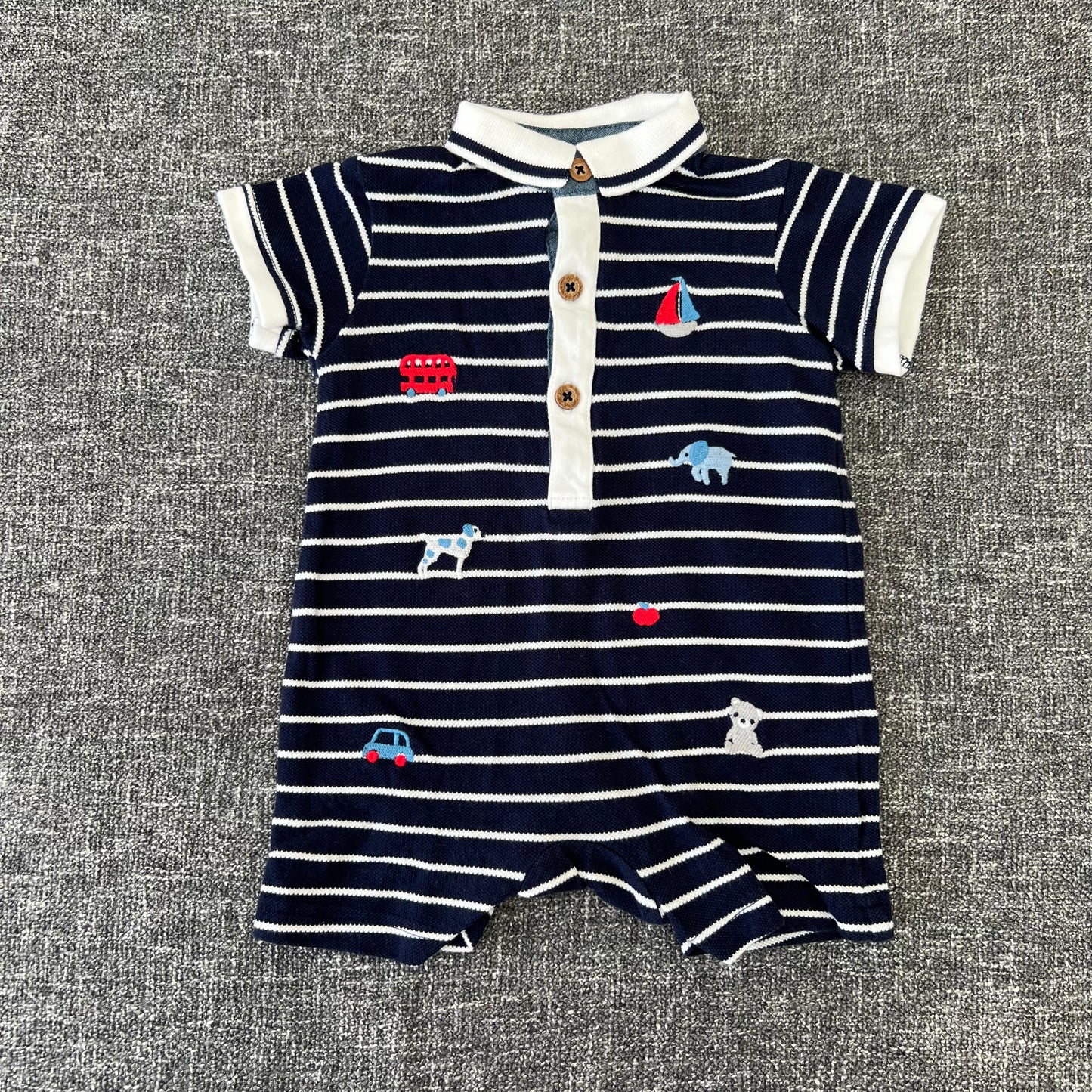 Boys 3-6 Month Blue & White Striped Collared Summer Romper