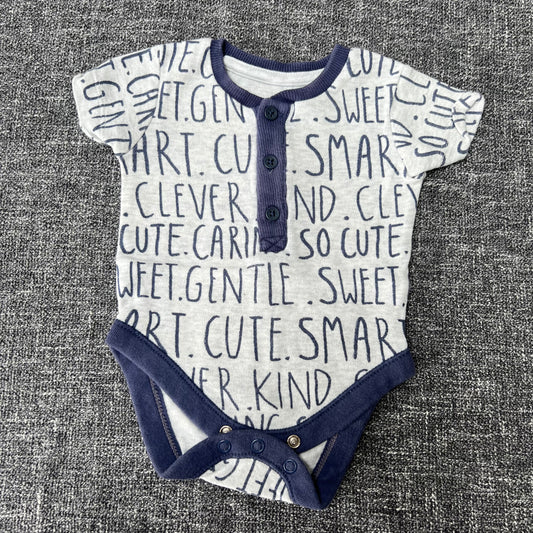 Boys 3-6 Month "Cute, Kind, Clever, Smart" Grey Short Sleeved Bodysuit