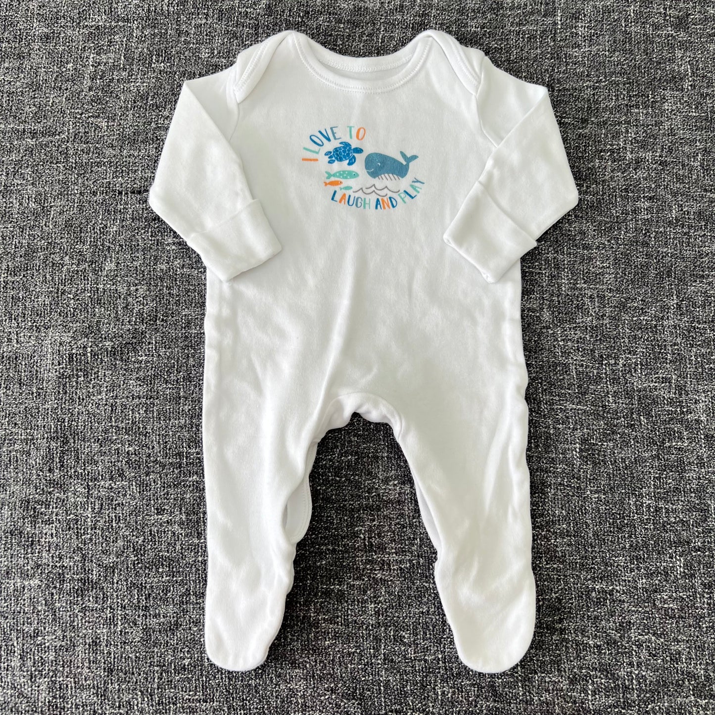 Boys Newborn "I love to laugh and play" White Sleepsuit