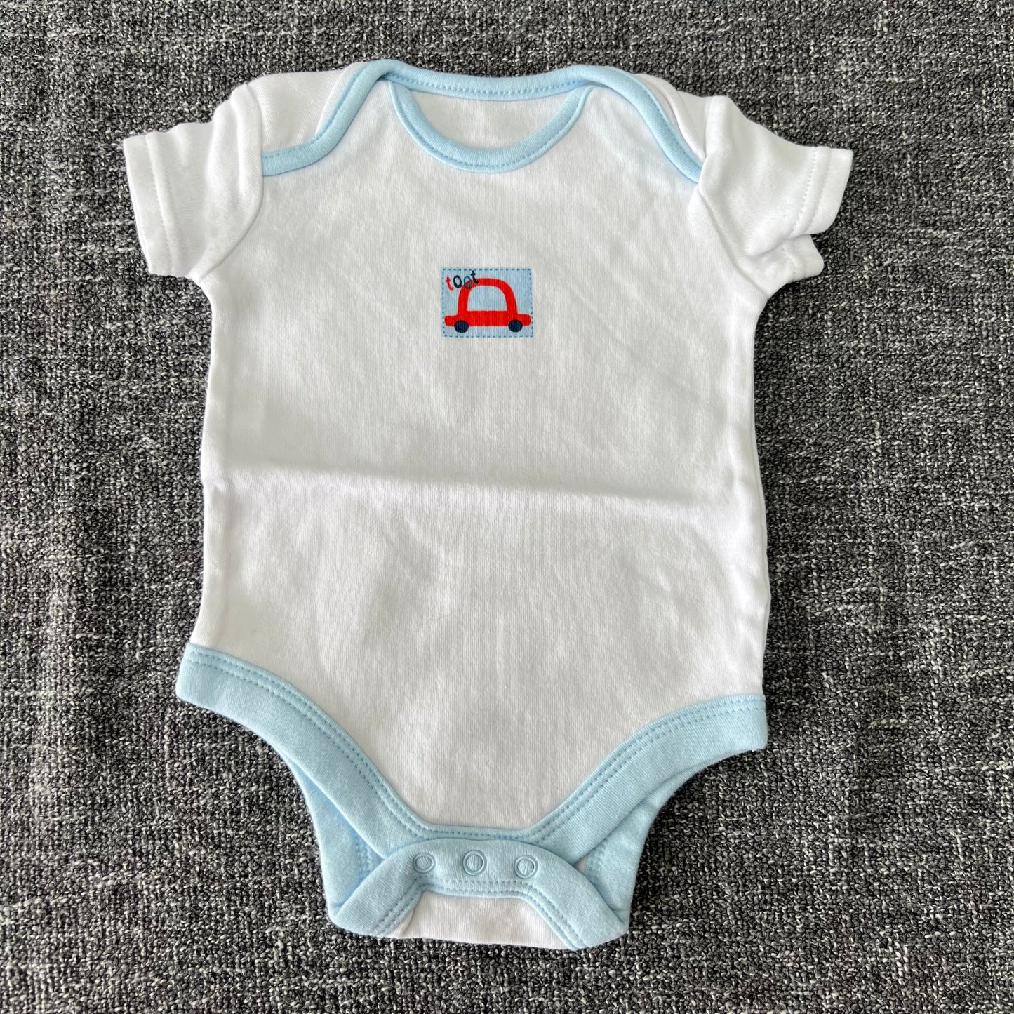 Boys Newborn White Car "Toot" Short Sleeved Bodysuit