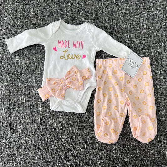 Girls Newborn "Made with love" Long Sleeved Vest, Leggings With Feet & Headband NEW