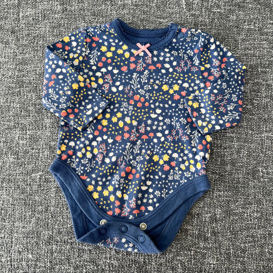 Girls Newborn Blue Floral Long Sleeved Bodysuit.