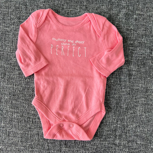 Girls Newborn Pink "Mummy and Dady think i'm perfect" Long Sleeved Bodysuit