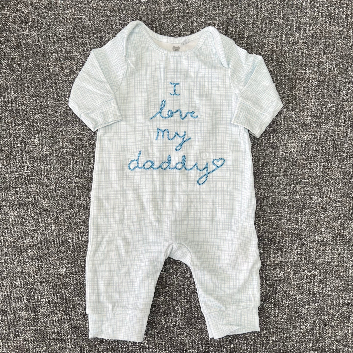 Boys 0-3 Month White & Blue Checked "I love my Daddy" Lightweight Romper