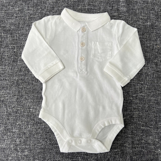 Boys 0-3 Month Plain White Polo Style Long Sleeved Bodysuit