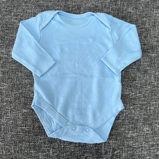 Boys 0-3 Month Plain Blue Long Sleeved Bodysuit.