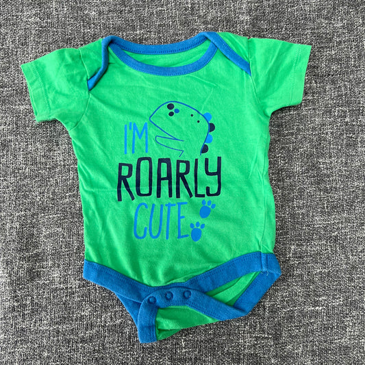 Boys 0-3 Month Green "I'm roarly cute" Dinosaur Short Sleeved Bodysuit