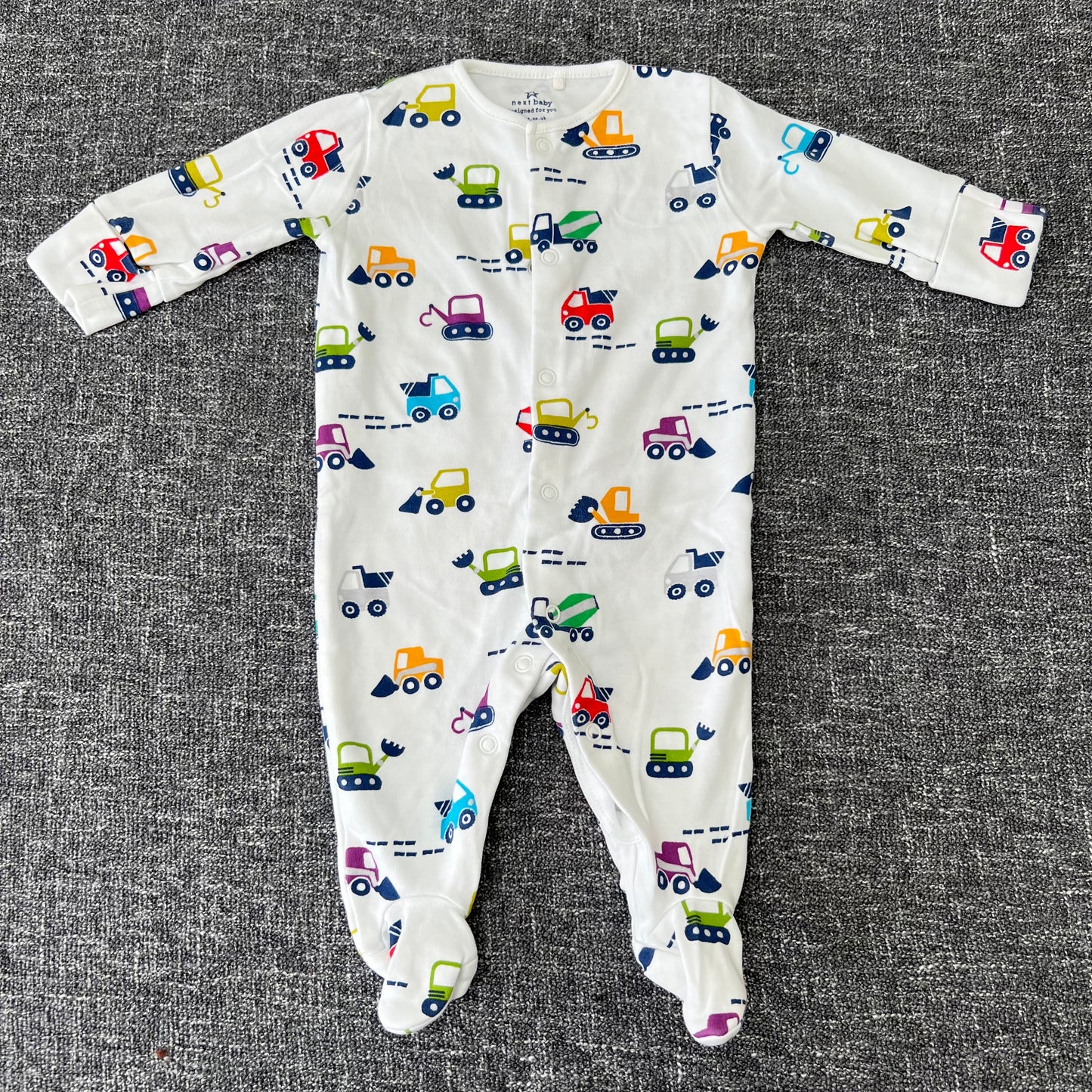 Boys 0-3 Month White With Diggers & Trucks Sleepsuit