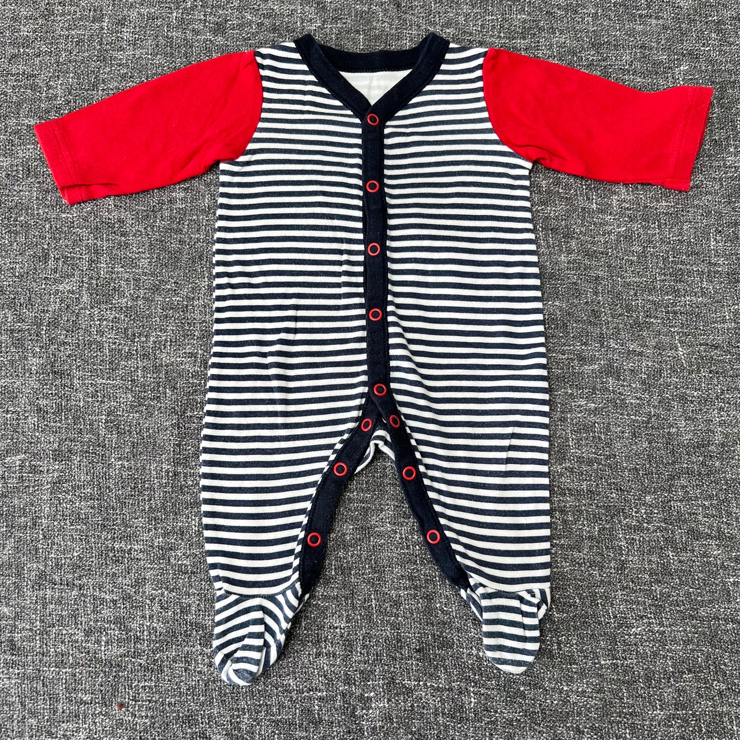 Boys 0-3 Month Blue & White Stripe With Red Sleeves Sleepsuit