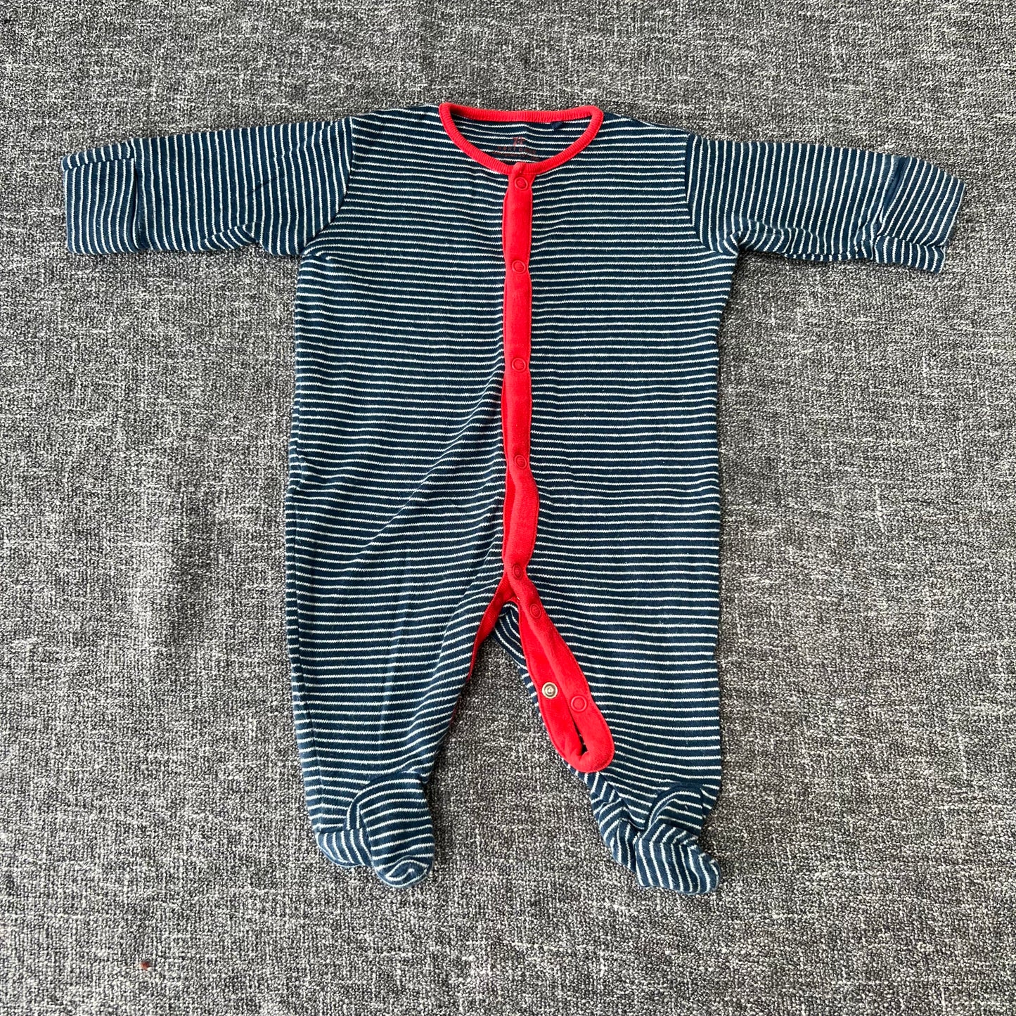 Boys 0-3 MonthBlue & White Striped Sleepsuit With Red Trim