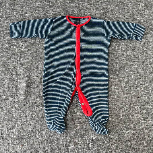 Boys 0-3 MonthBlue & White Striped Sleepsuit With Red Trim