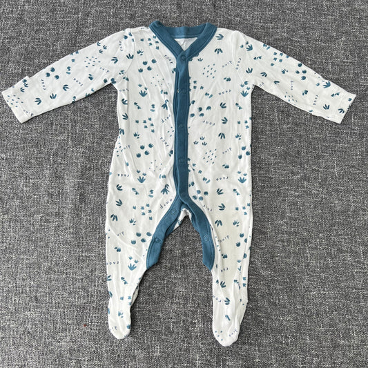 Boys 0-3 Month White & Teal Dinosaur Footprint Sleepsuit