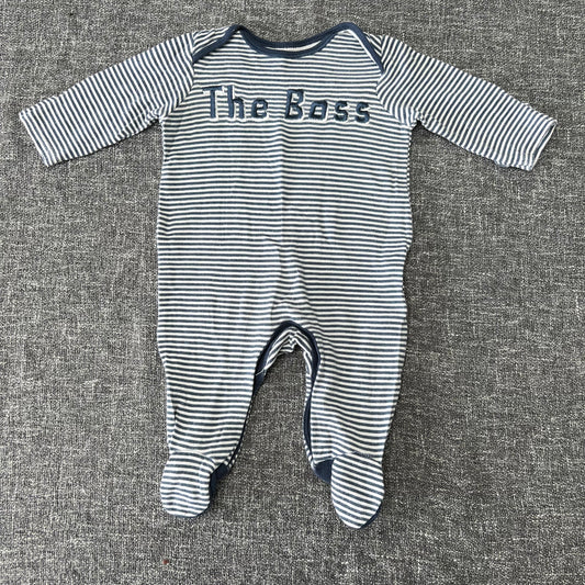 Boys 0-3 Month Blue & White Striped "The Boss" Sleepsuit