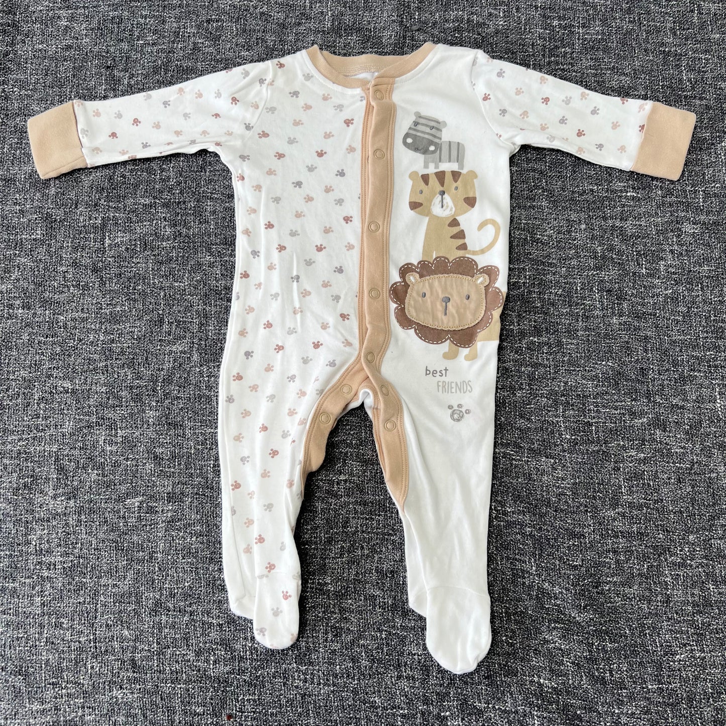 Boys 0-3 Month Cream & Beige  Animal "Best Friends" Sleepsuit