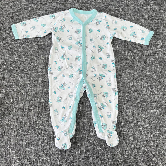 Boys 0-3 Month White & Turquoise "Little Night" Sleepsuit