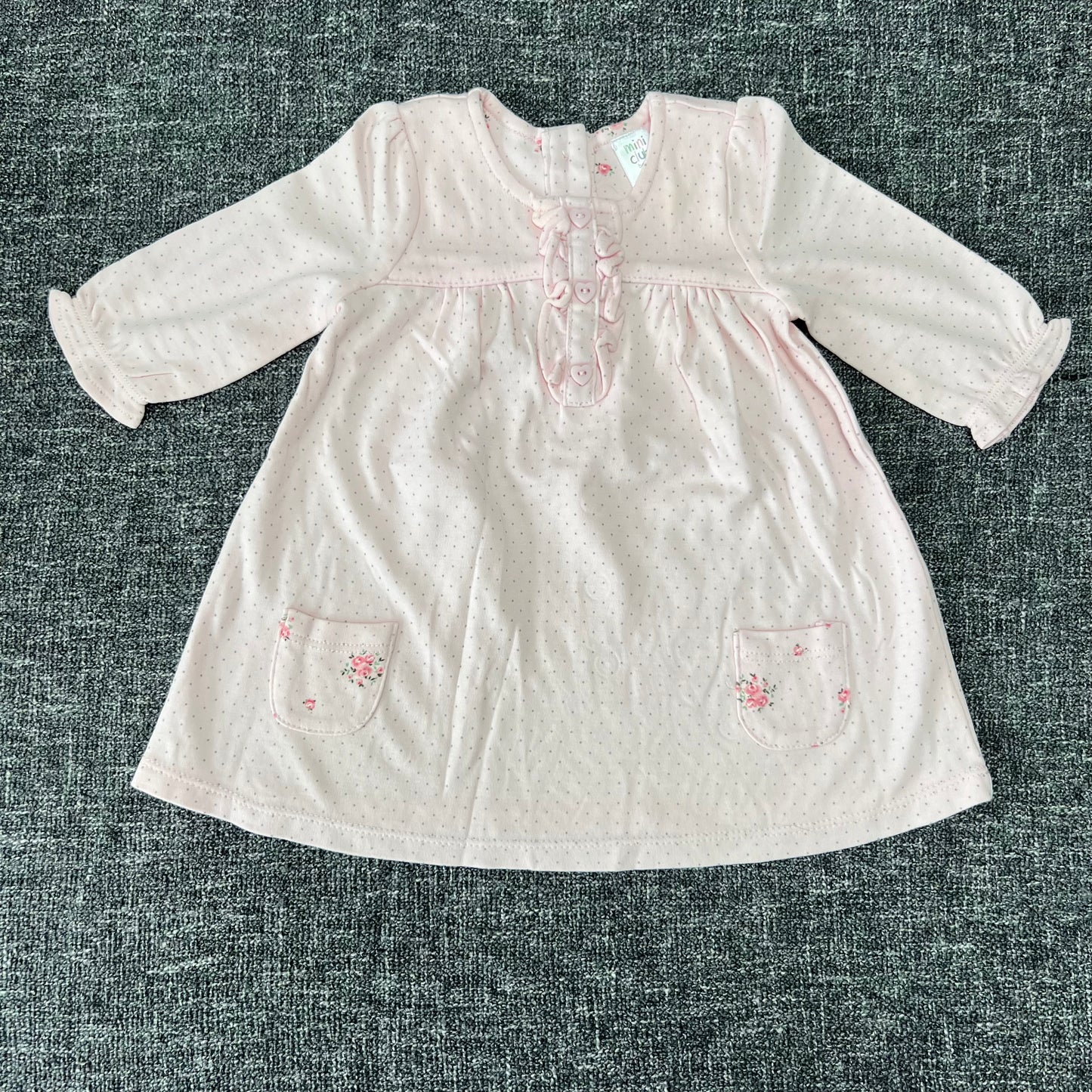 Girls 0-3 Month Pink & Grey Spot Long Sleeved Dress