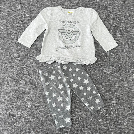 Girls 0-3 Month DC Grey "My Mummy is Wonder Woman Long Sleeved Top & Leggings Outfit