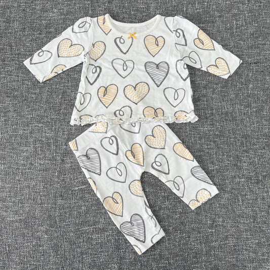 Girls 0-3 Month White, Yellow & Grey Heart Long Sleeved Top & Leggings Outfit