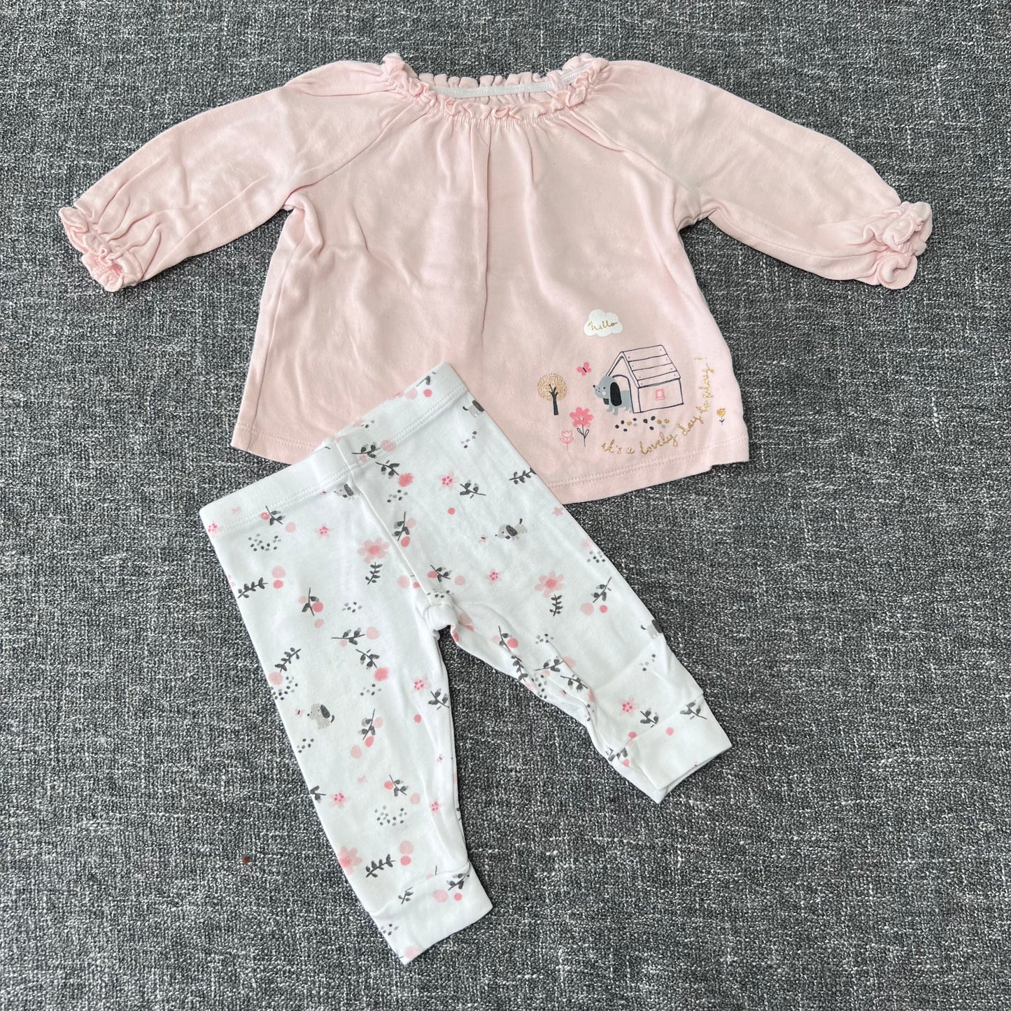 Girls 0-3 Month Pink & White 'It's a lovely day to play"  Long Sleeved Top & Leggings Outfit